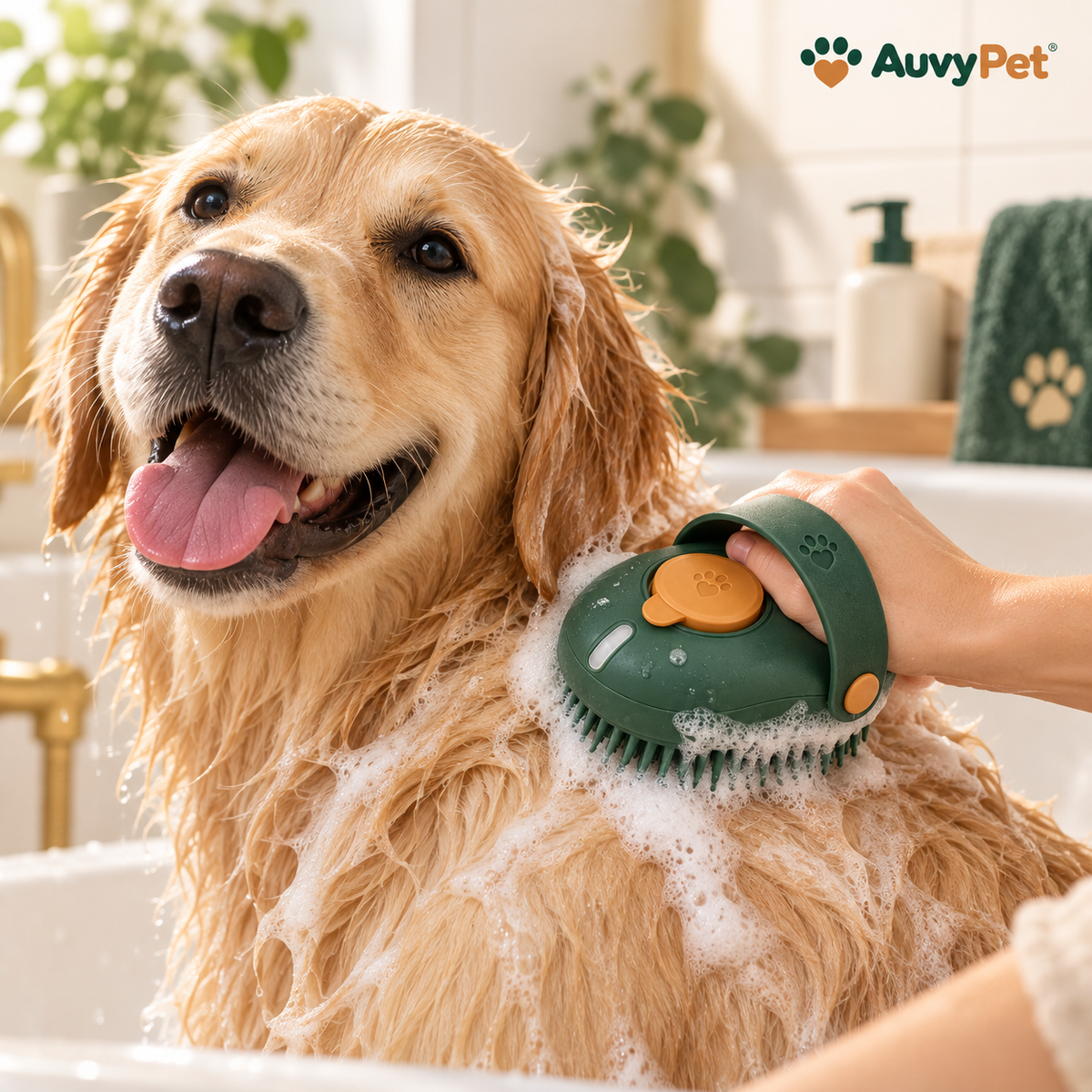 Escova AuvyPet em uso no banho